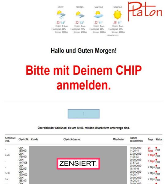 Anmeldung am Schlüsselverwaltungssystem per Chip